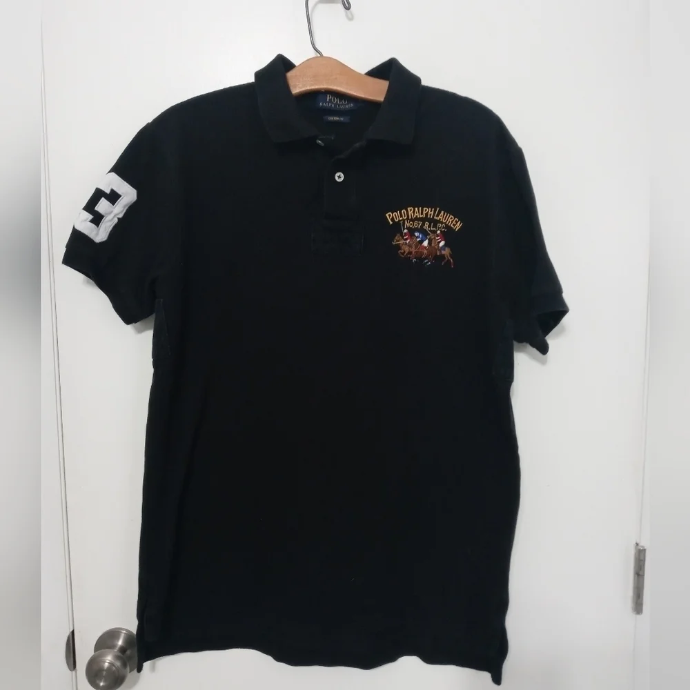 VTG POLO RALPH LAUREN CUSTOM FIT EMBROID TRIPLE PONY BIG LOGO BLACK POLO SHIRT L